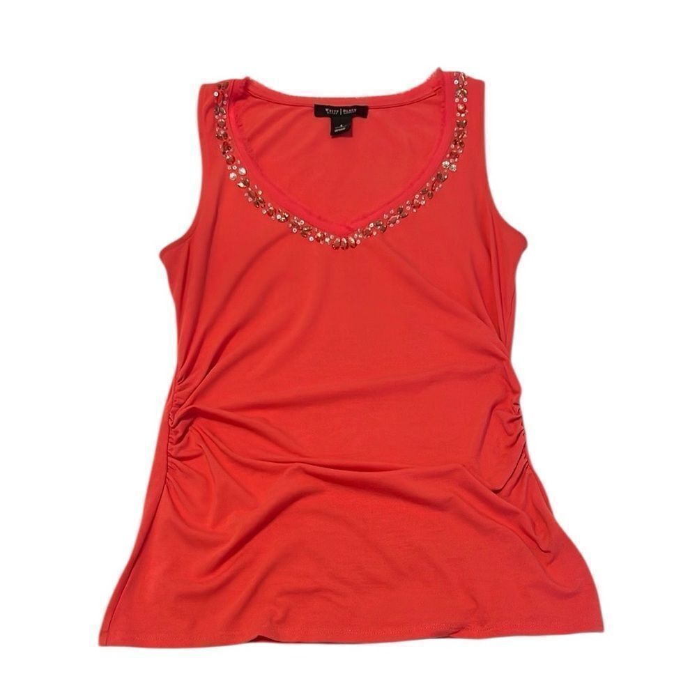 WHBM Women's size small coral tank top with sequin detail and side rouching EUC